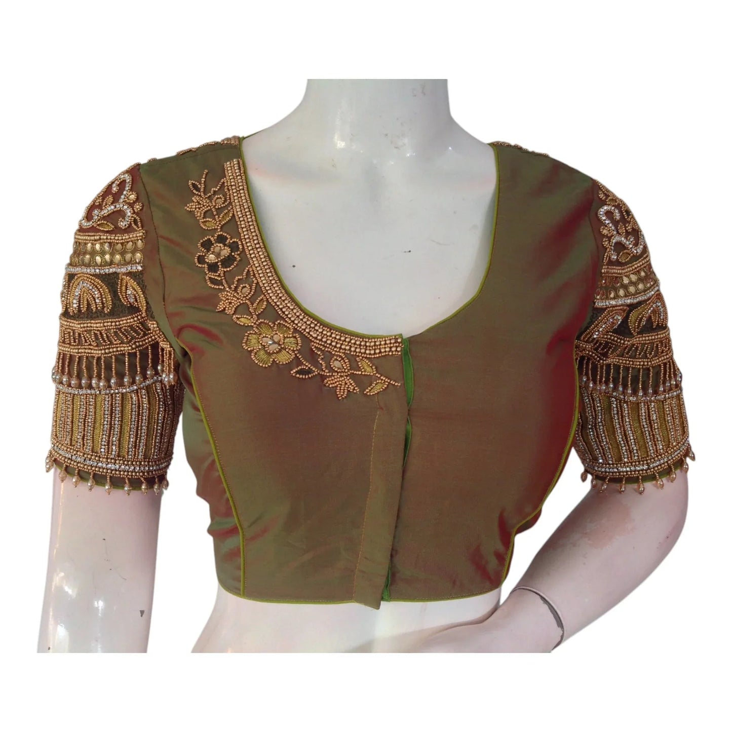 Luxe Dark Olive Green Color Aari Handwork Wedding Silk Saree Blouse - D3blouses