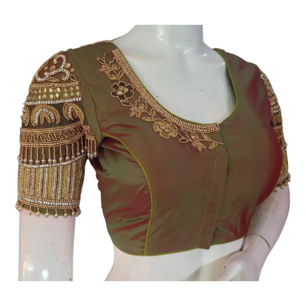 Luxe Dark Olive Green Color Aari Handwork Wedding Silk Saree Blouse - D3blouses