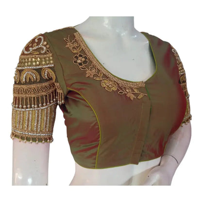 Luxe Dark Olive Green Color Aari Handwork Wedding Silk Saree Blouse - D3blouses