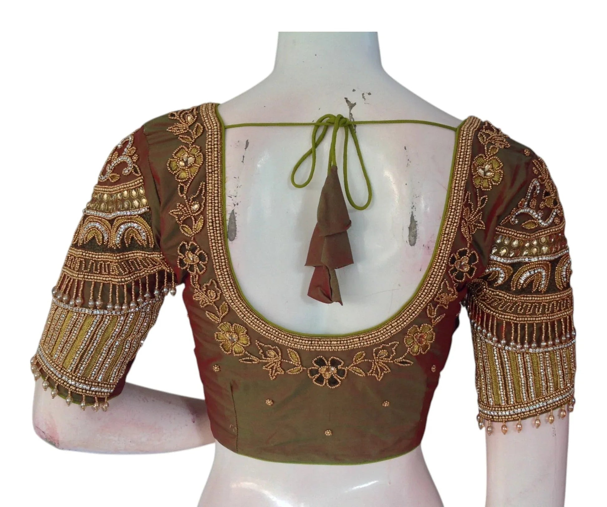 Luxe Dark Olive Green Color Aari Handwork Wedding Silk Saree Blouse - D3blouses