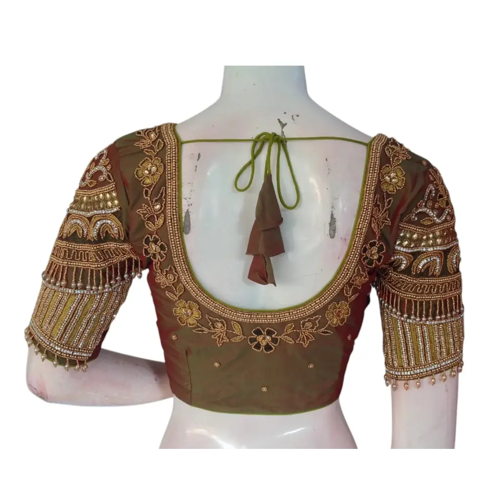 Luxe Dark Olive Green Color Aari Handwork Wedding Silk Saree Blouse - D3blouses