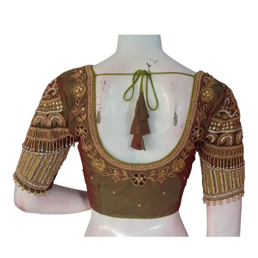 Luxe Dark Olive Green Color Aari Handwork Wedding Silk Saree Blouse - D3blouses