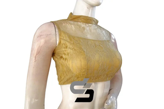 "Luxurious Appeal: Turtle Neck Gold Readymade Saree Blouse with Intricate Netted Embroidery" - D3blouses