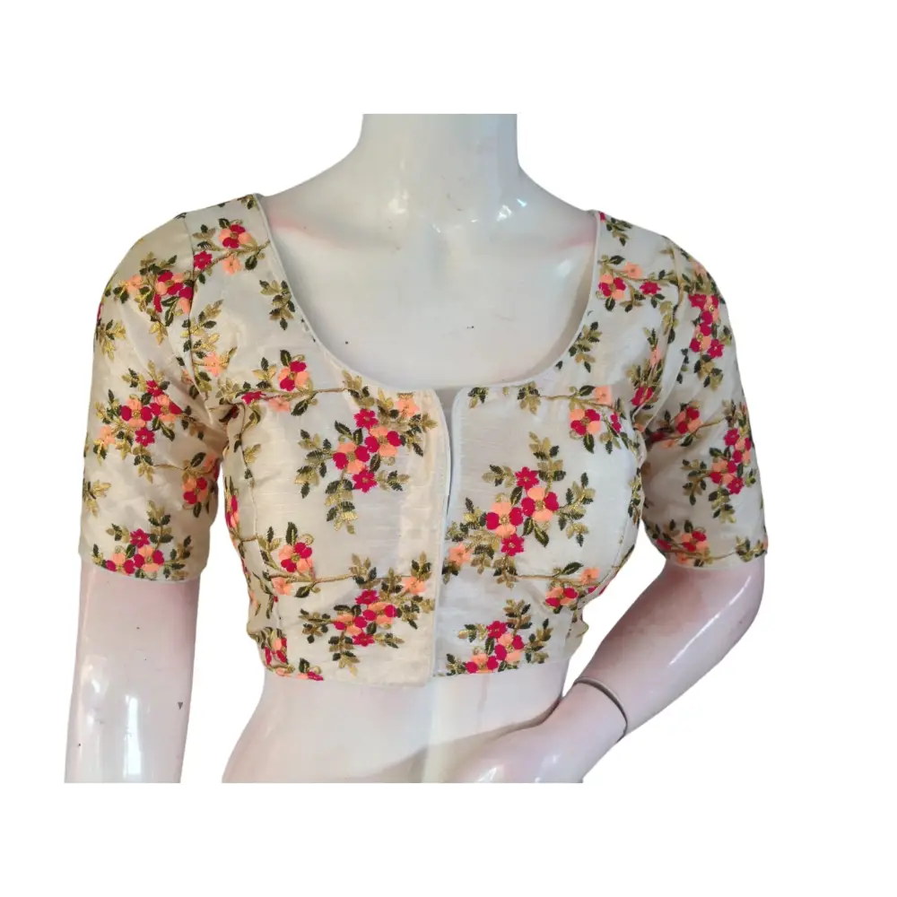 Luxurious Off-White Readymade Silk Saree Blouse with Delicate Embroidery - D3blouses