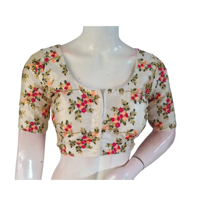 Luxurious Off-White Readymade Silk Saree Blouse with Delicate Embroidery - D3blouses