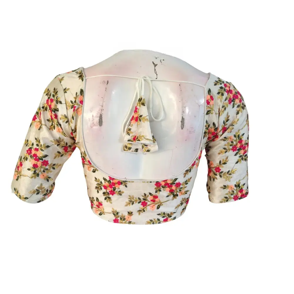 Luxurious Off-White Readymade Silk Saree Blouse with Delicate Embroidery - D3blouses