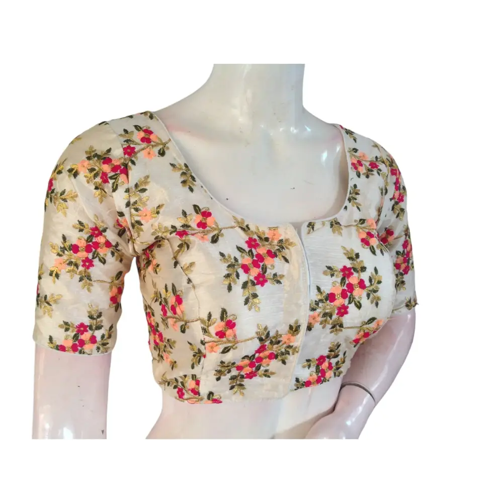 Luxurious Off-White Readymade Silk Saree Blouse with Delicate Embroidery - D3blouses