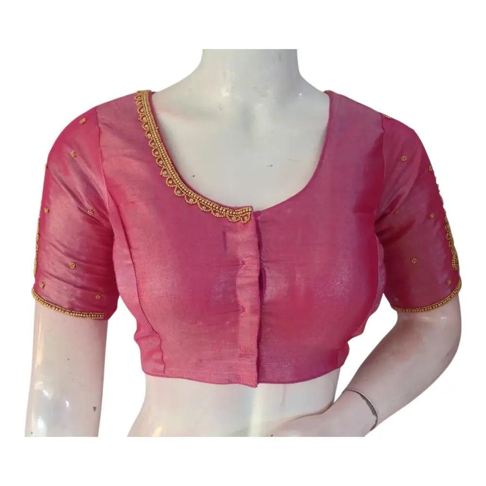 Luxurious Pink Tissue Silk Blouse with Delicate Aari Embroidery - D3 Blouses - D3blouses