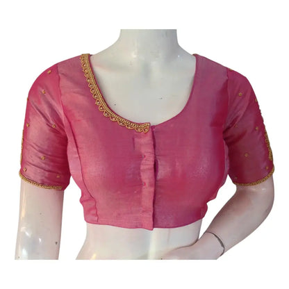Luxurious Pink Tissue Silk Blouse with Delicate Aari Embroidery - D3 Blouses - D3blouses