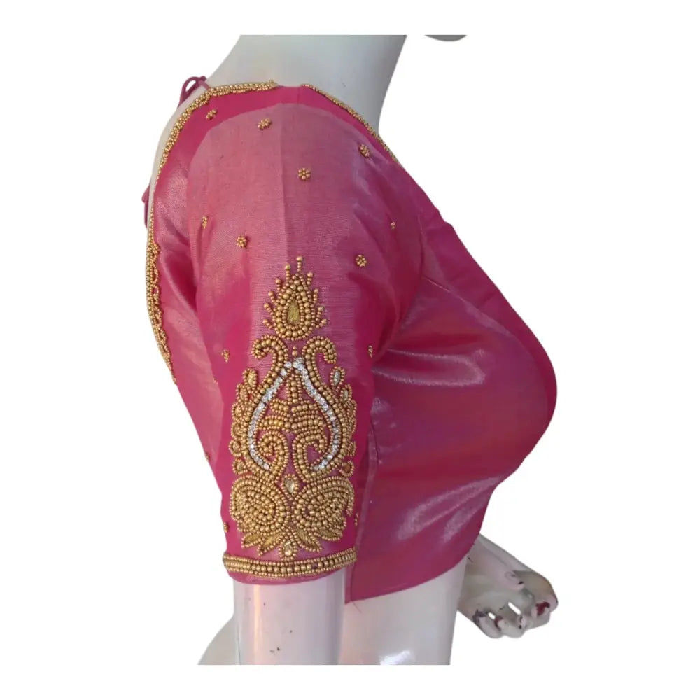 Luxurious Pink Tissue Silk Blouse with Delicate Aari Embroidery - D3 Blouses - D3blouses