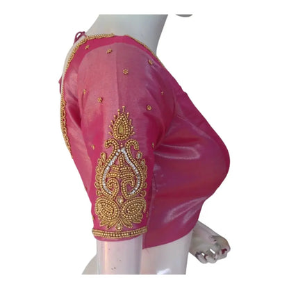 Luxurious Pink Tissue Silk Blouse with Delicate Aari Embroidery - D3 Blouses - D3blouses