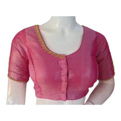 Luxurious Pink Tissue Silk Blouse with Delicate Aari Embroidery - D3 Blouses - D3blouses