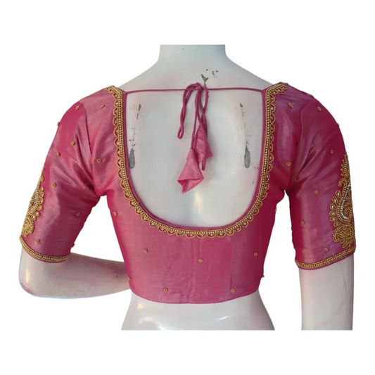 Luxurious Pink Tissue Silk Blouse with Delicate Aari Embroidery - D3 Blouses - D3blouses