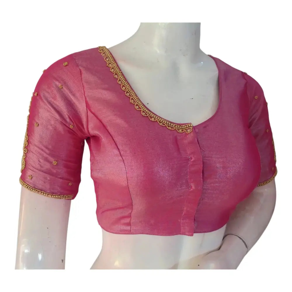 Luxurious Pink Tissue Silk Blouse with Delicate Aari Embroidery - D3 Blouses - D3blouses