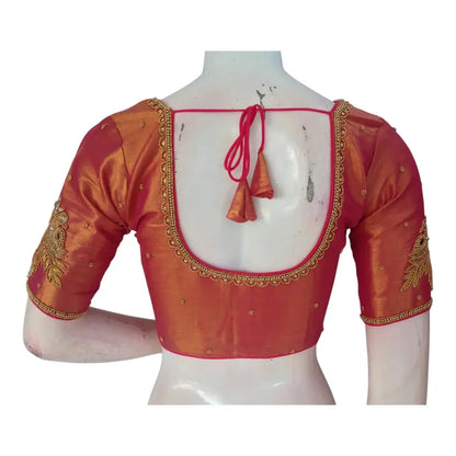 Luxurious Raspberry Tissue Silk Blouse with Exquisite Aari Embroidery - D3 Blouses - D3blouses