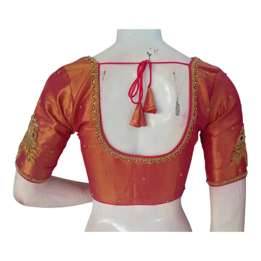 Luxurious Raspberry Tissue Silk Blouse with Exquisite Aari Embroidery - D3 Blouses - D3blouses