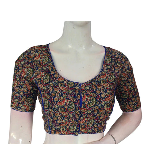 Luxurious Royal Blue Kalamkari Printed Cotton Blouse - Timeless & Elegant - D3blouses