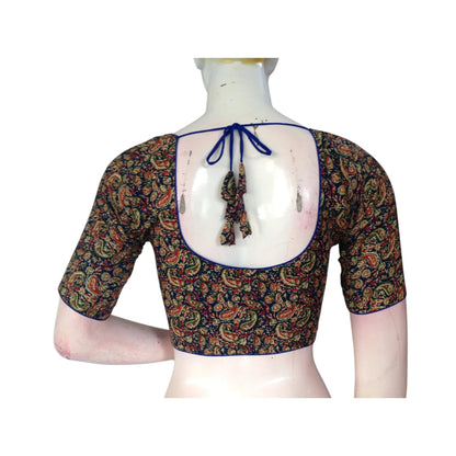Luxurious Royal Blue Kalamkari Printed Cotton Blouse - Timeless & Elegant - D3blouses