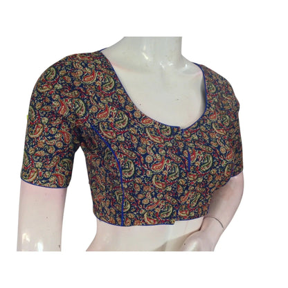 Luxurious Royal Blue Kalamkari Printed Cotton Blouse - Timeless & Elegant - D3blouses