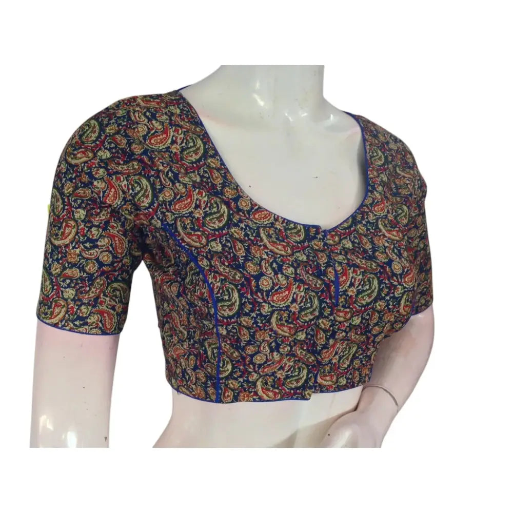 Luxurious Royal Blue Kalamkari Printed Cotton Blouse - Timeless & Elegant - D3blouses
