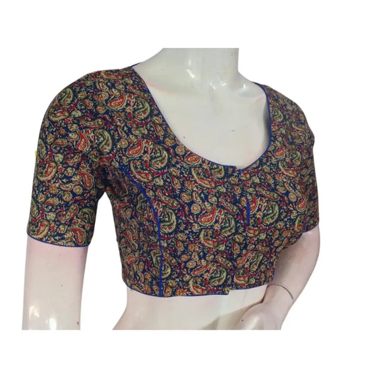 Luxurious Royal Blue Kalamkari Printed Cotton Blouse - Timeless & Elegant - D3blouses