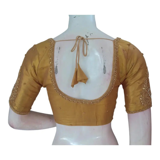 Luxurious Tissue Gold Silk Saree Blouse with Detailed Aari Handwork - D3blouses