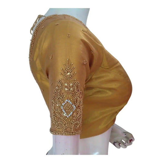 Luxurious Tissue Gold Silk Saree Blouse with Detailed Aari Handwork - D3blouses