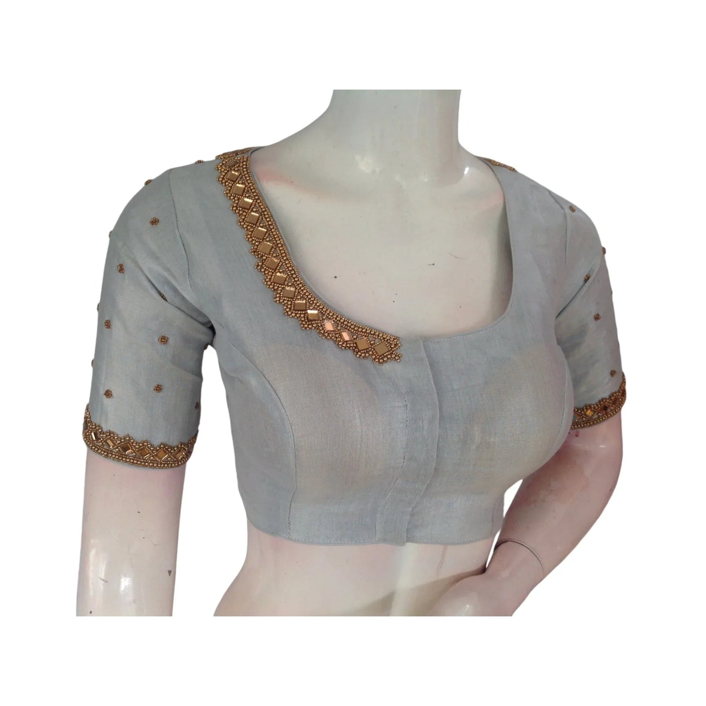 Luxurious Tissue Silk Silver Aari Handwork Wedding Saree Readymade Blouse - D3blouses
