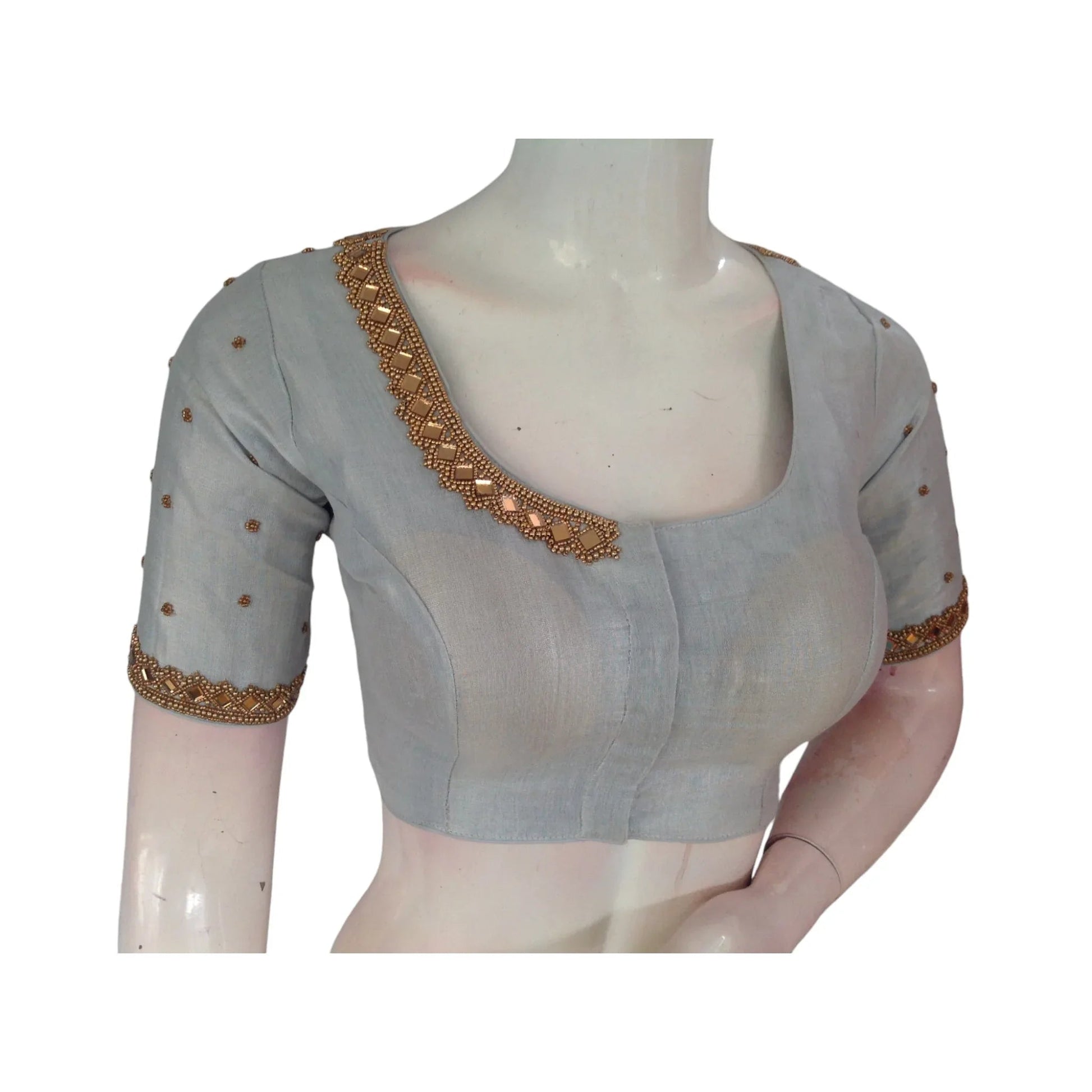 Luxurious Tissue Silk Silver Aari Handwork Wedding Saree Readymade Blouse - D3blouses