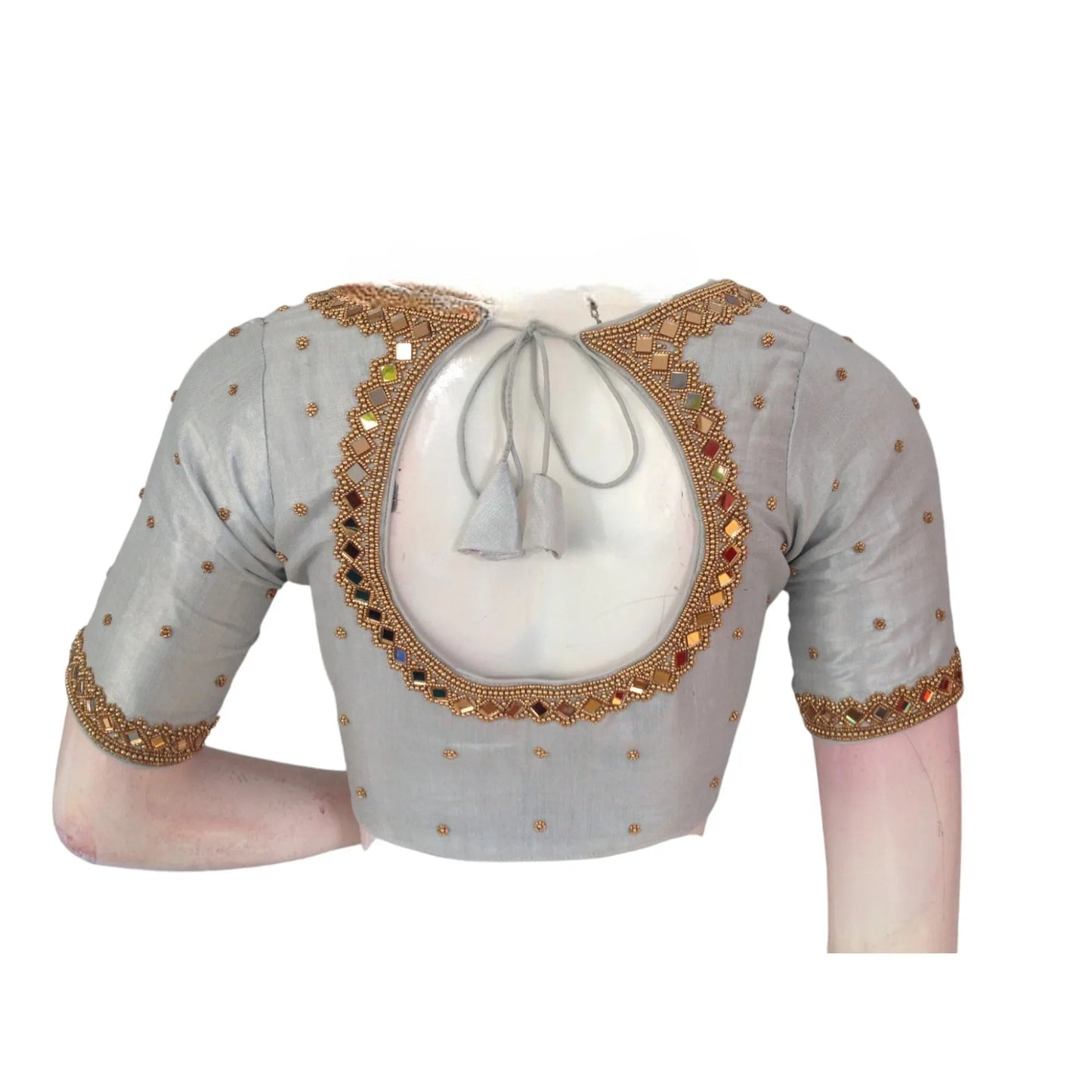 Luxurious Tissue Silk Silver Aari Handwork Wedding Saree Readymade Blouse - D3blouses