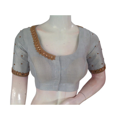 Luxurious Tissue Silk Silver Aari Handwork Wedding Saree Readymade Blouse - D3blouses