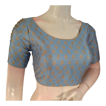 Luxury Blue Silk Brocade Ready made Blouse - Gold Butta & Statement Sleeves - D3blouses