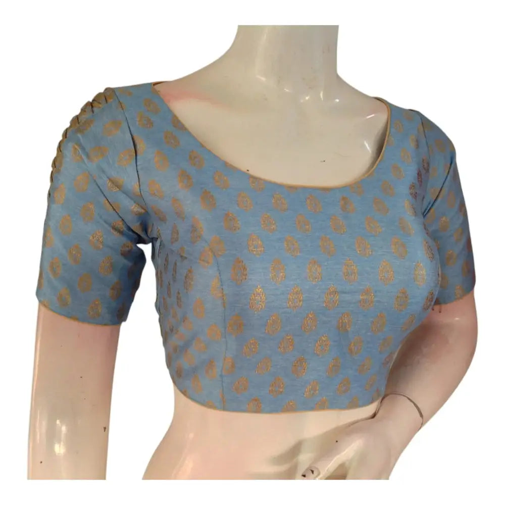 Luxury Blue Silk Brocade Ready made Blouse - Gold Butta & Statement Sleeves - D3blouses