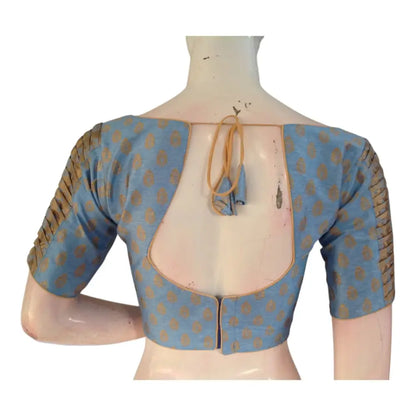Luxury Blue Silk Brocade Ready made Blouse - Gold Butta & Statement Sleeves - D3blouses