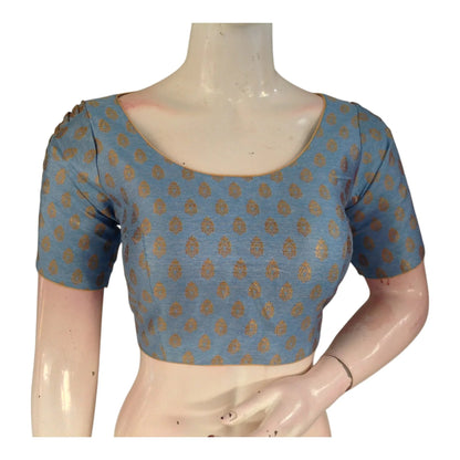 Luxury Blue Silk Brocade Ready made Blouse - Gold Butta & Statement Sleeves - D3blouses