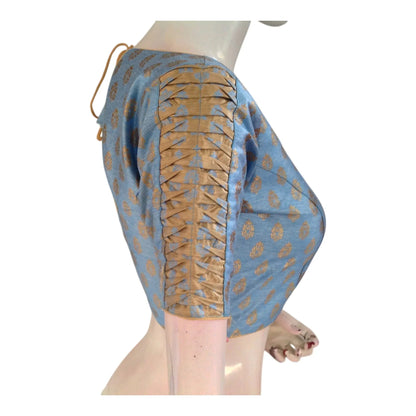 Luxury Blue Silk Brocade Ready made Blouse - Gold Butta & Statement Sleeves - D3blouses