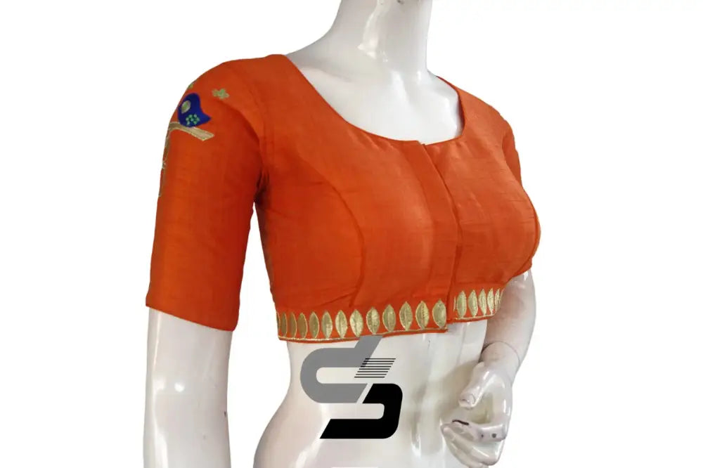 Luxury Indulgence: Orange High Neck Embroidered Blouses - D3blouses
