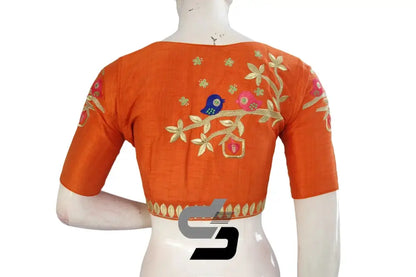 Luxury Indulgence: Orange High Neck Embroidered Blouses - D3blouses