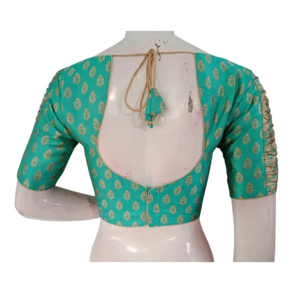 Luxury Teal Color Brocade Silk Ready made Blouse | Gold Butta | Unique Sleeves - D3blouses