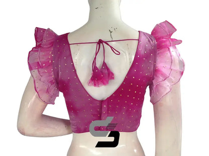 Magenta Marvel, Tie Dye Designer V Neck Georgette Saree Blouse with Ruffle Sleeves - D3blouses