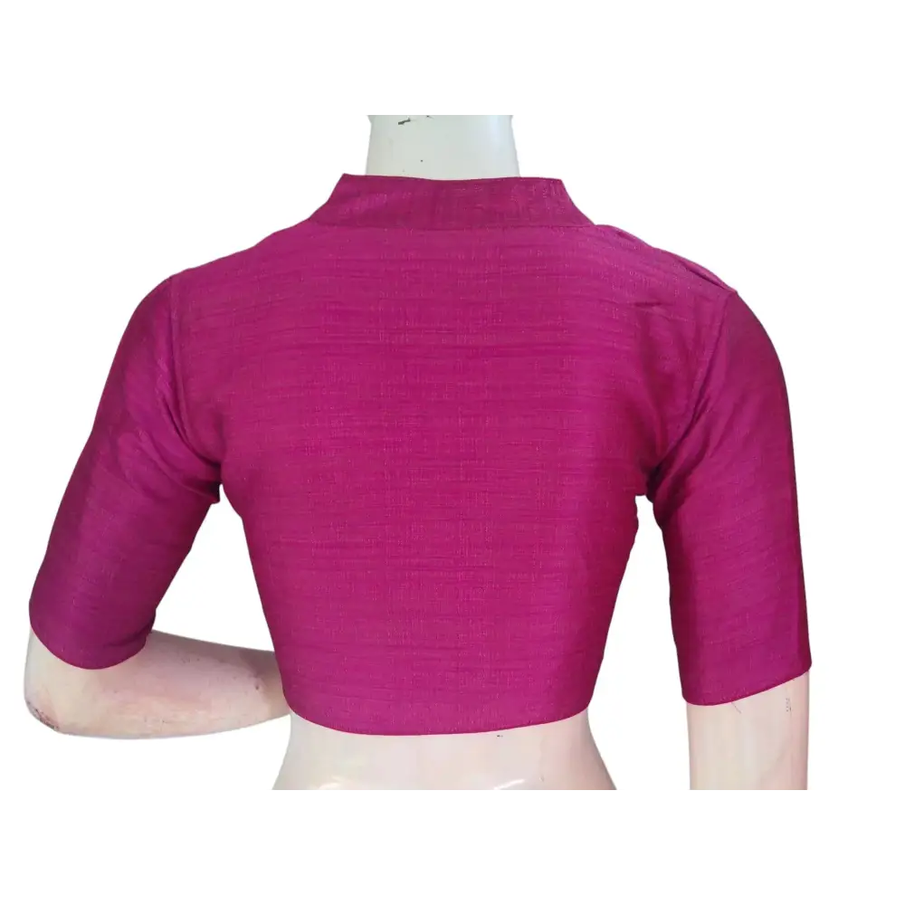 Magenta Semi Raw Silk Saree Blouse – Collar Neck, Stitched & Ready to Wear with Cotton Lining - D3blouses