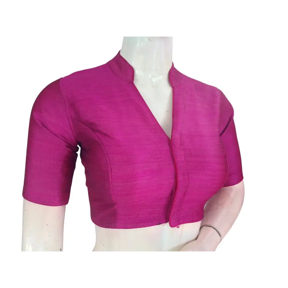 Magenta Semi Raw Silk Saree Blouse – Collar Neck, Stitched & Ready to Wear with Cotton Lining - D3blouses
