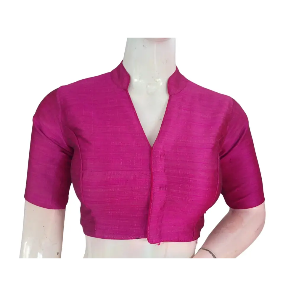 Magenta Semi Raw Silk Saree Blouse – Collar Neck, Stitched & Ready to Wear with Cotton Lining - D3blouses
