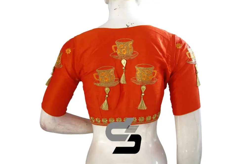 Make a Statement: Orange High Neck Embroidered Saree Blouses - D3blouses