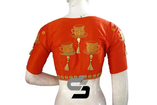Make a Statement: Orange High Neck Embroidered Saree Blouses - D3blouses