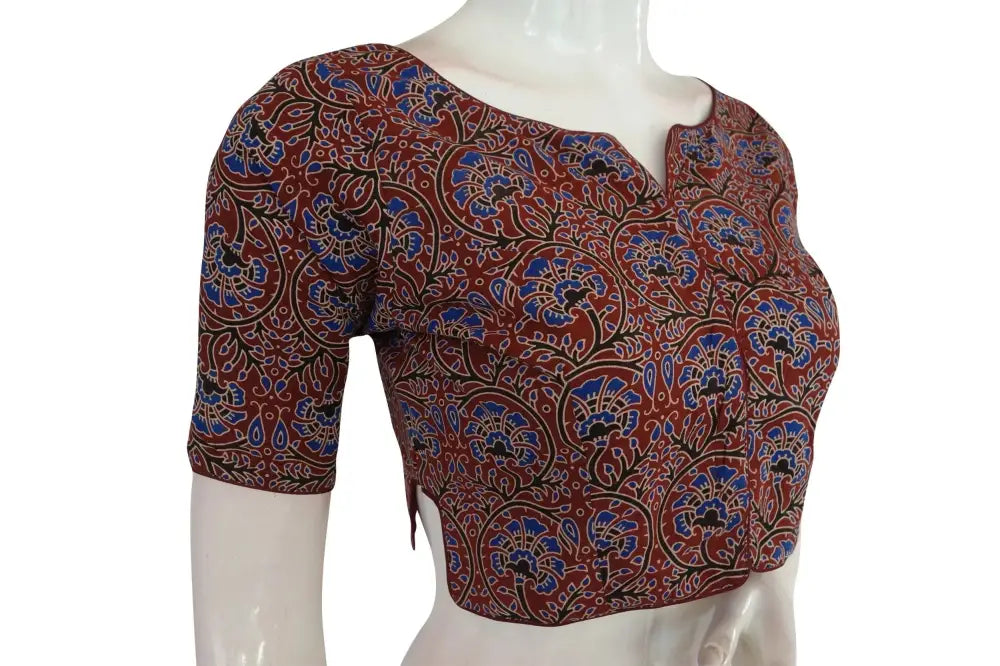 Maroon Color Ajrakh Boat Neck Cotton Readymade Blouse, Indian Cotton Blouse - D3blouses