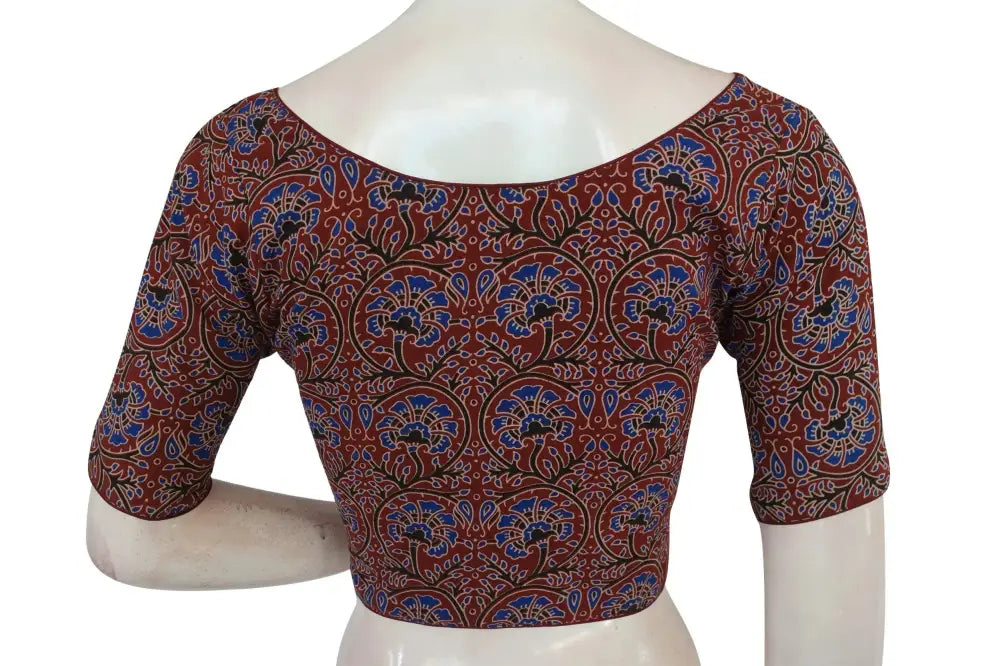 Maroon Color Ajrakh Boat Neck Cotton Readymade Blouse, Indian Cotton Blouse - D3blouses
