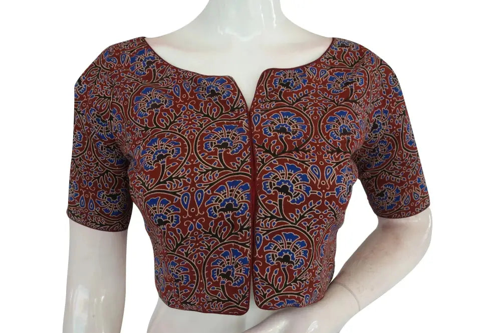 Maroon Color Ajrakh Boat Neck Cotton Readymade Blouse, Indian Cotton Blouse - D3blouses