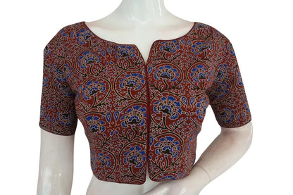 Maroon Color Ajrakh Boat Neck Cotton Readymade Blouse, Indian Cotton Blouse - D3blouses