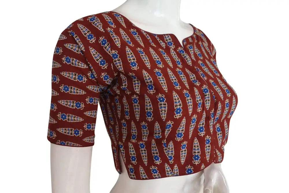Maroon Color Ajrakh Boat Neck Cotton Readymade Blouse, Indian Designer Wear Online - D3blouses